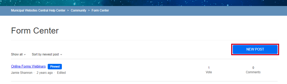 A blue, rectangular New Post button that can be clicked to create a new post in the Help Center Community.