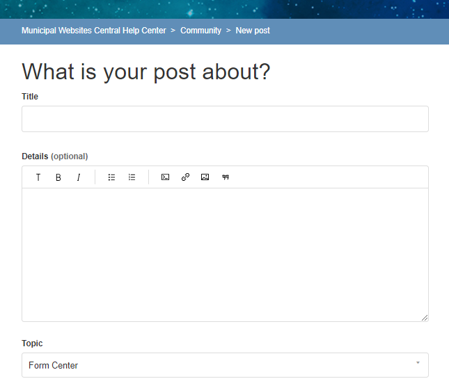 A What is your post about? page with title, details, and topic fields.