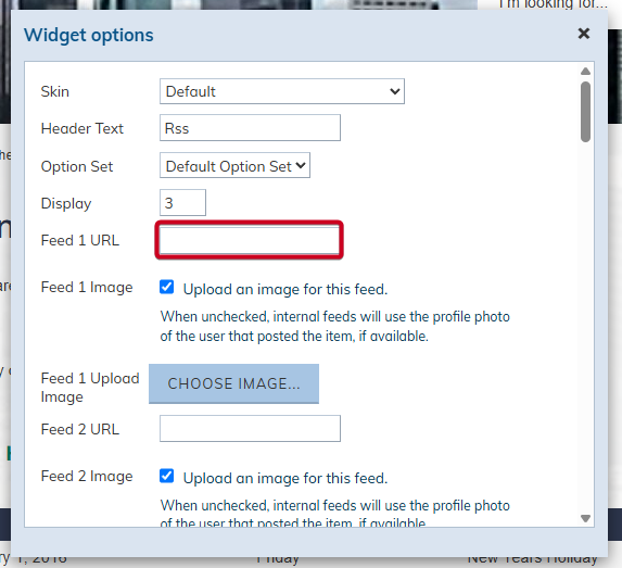 The text entry field labeled Feed 1 URL in the Widget options pop up.