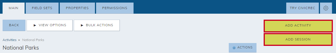 add activity or add session buttons