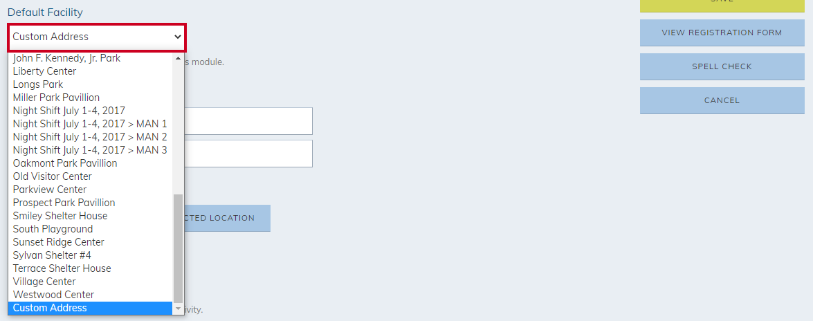 deafult facility drop-down menu