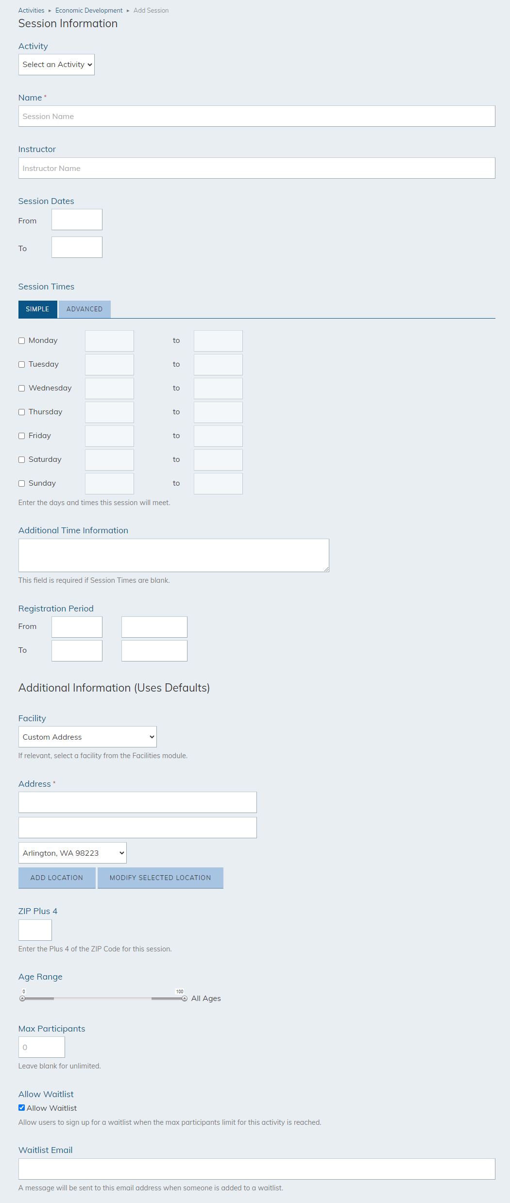 Session information fields.