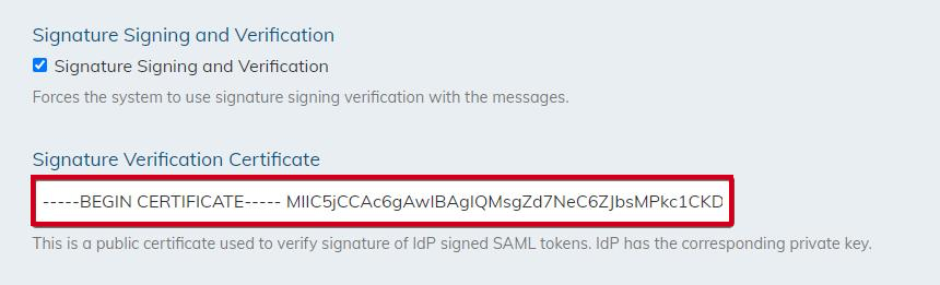 Example certificate text within the Signature Verification Certificate field.