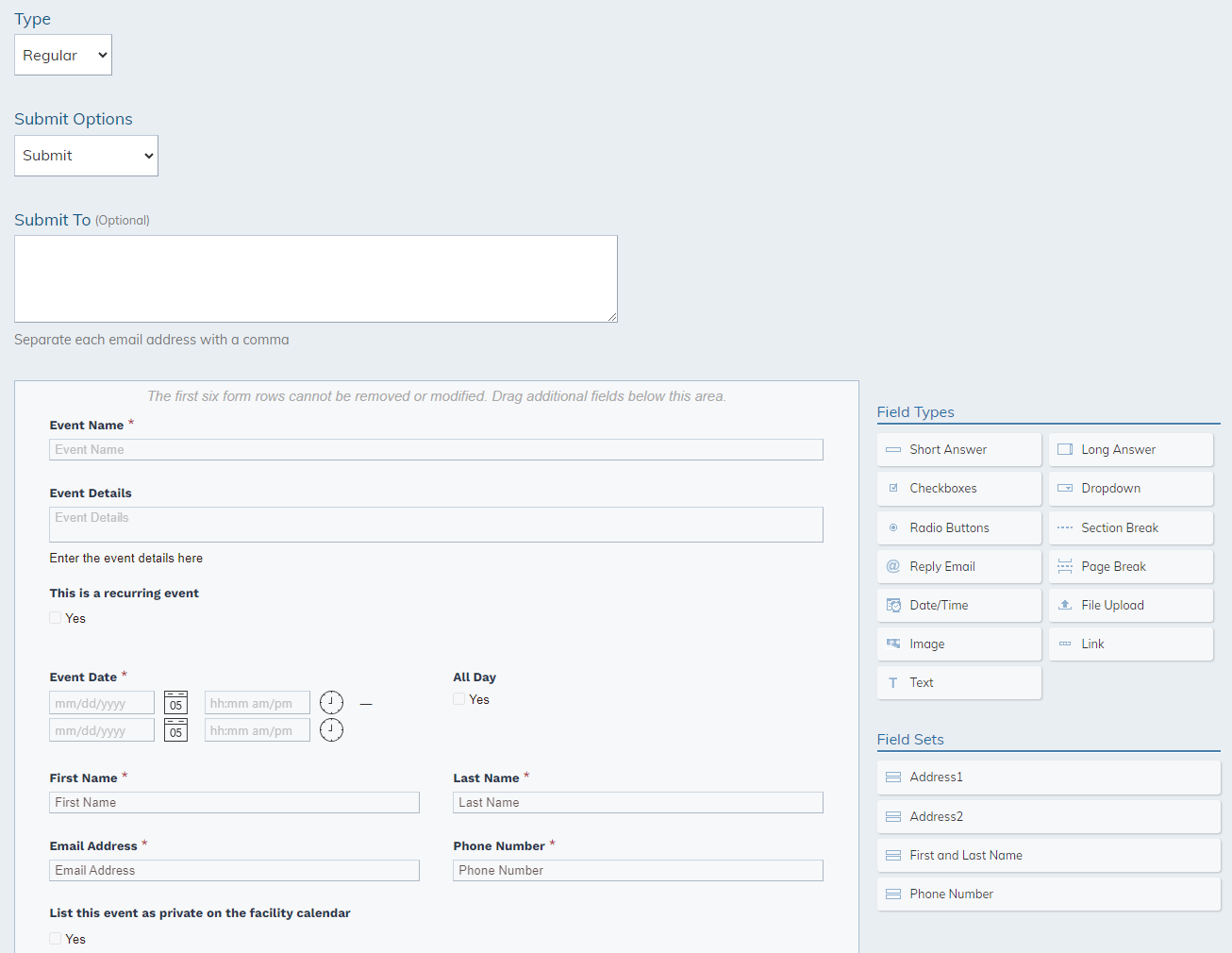 reservation form fields