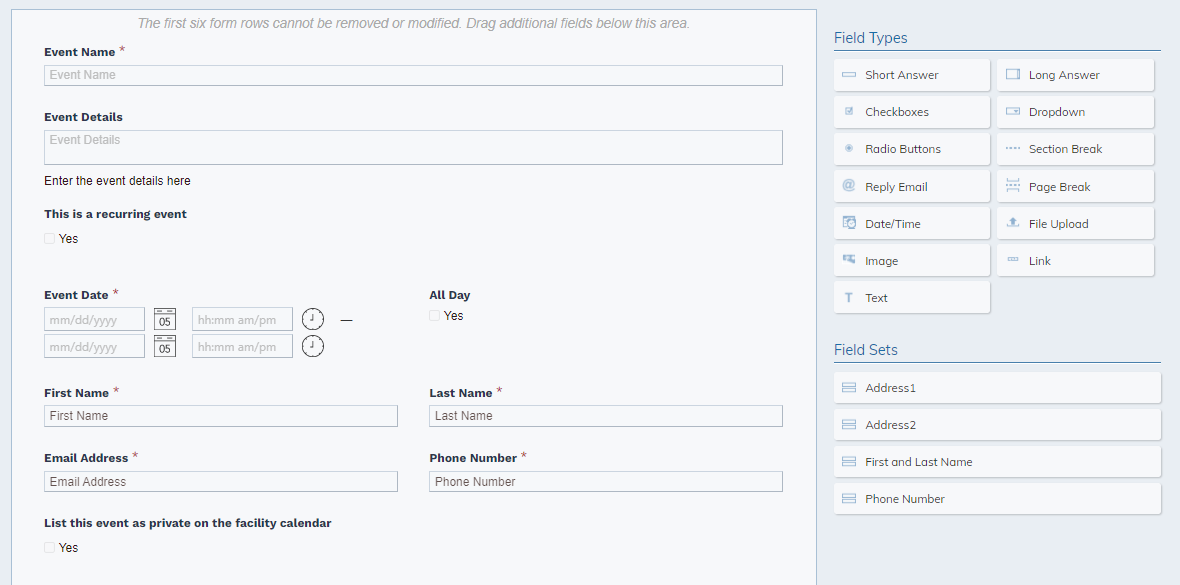 reservation form fields continued