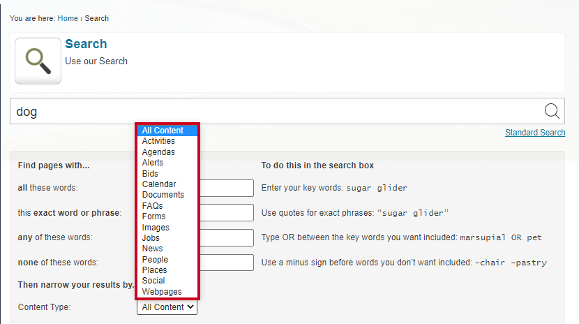 The Content Type drop-down menu with clickable options such as Activities, Bids, and FAQs.