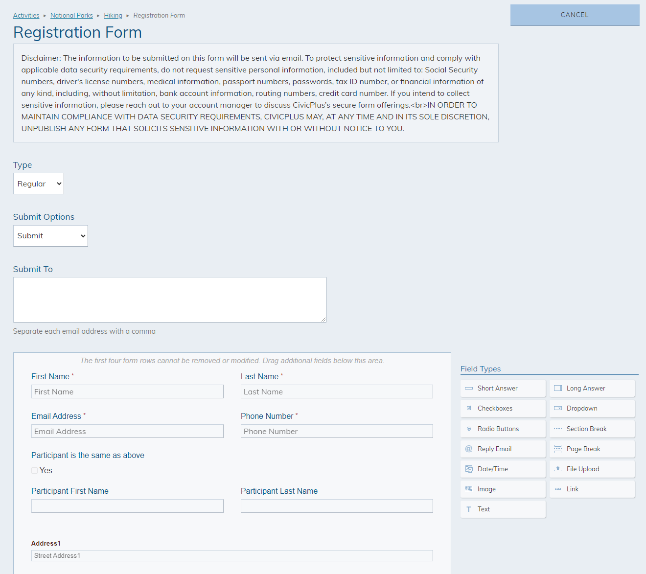 Registration form information fields.