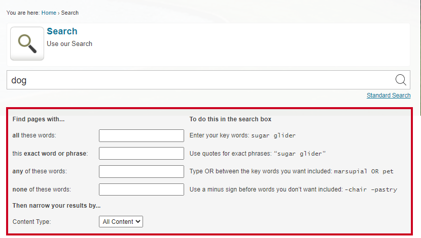 A gray, rectangular box that includes advanced search options and examples of how each search should be entered.