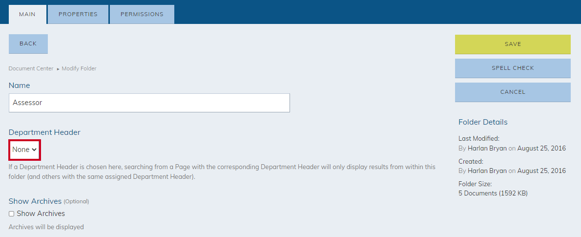 department header dropdown