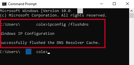 A Successfully flushed the DNS Resolver Cache message in the Command window.