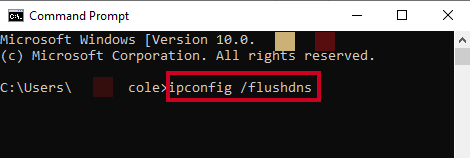The flush DNS prompt typed into the Command Prompt window.