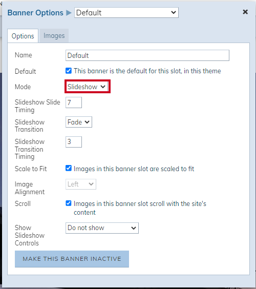 Banner Options, Mode dropdown, Slideshow option.