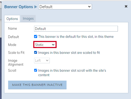 Banner Options, Mode dropdown, Static option.