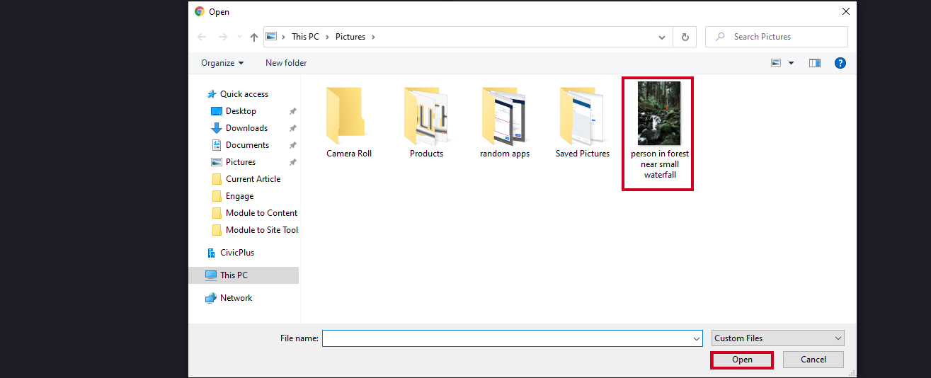 A PC Open dialog box with an example image and the Open button highlighted.