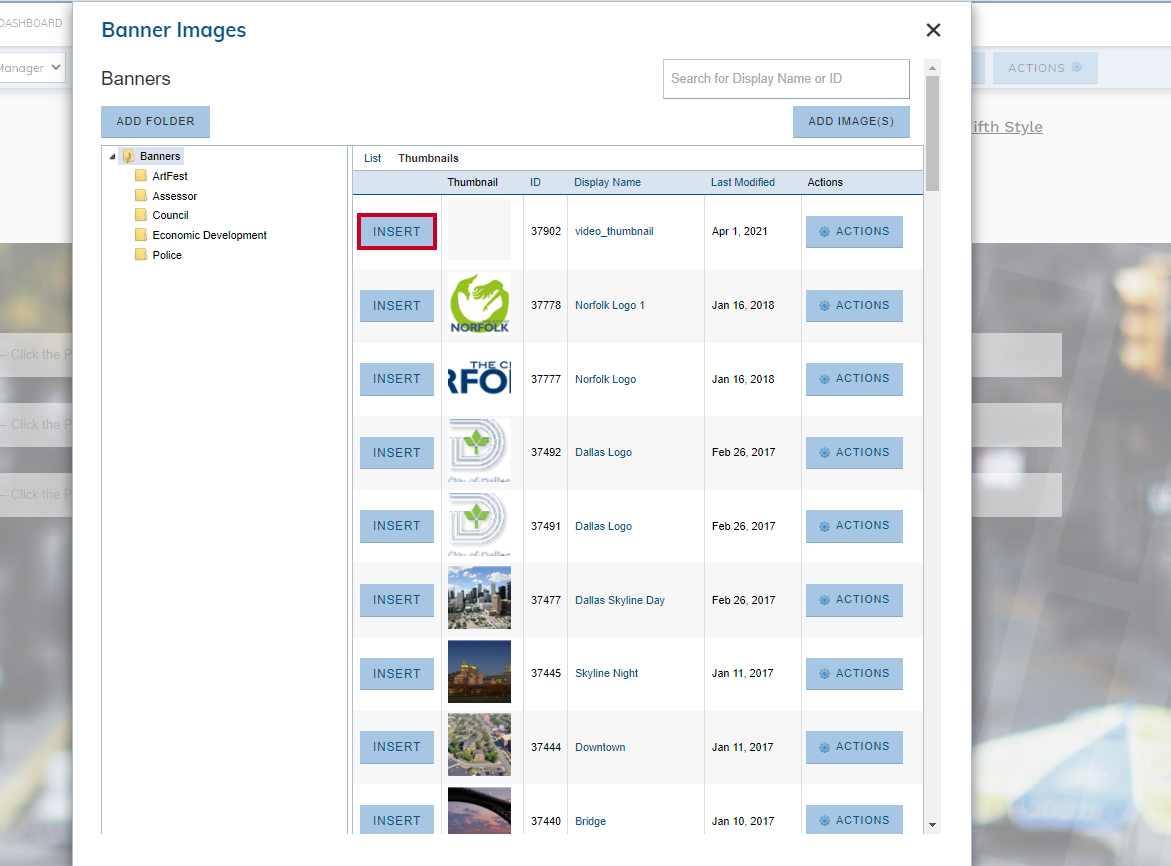 The button labeled Insert, to the left of the Thumbnail image.