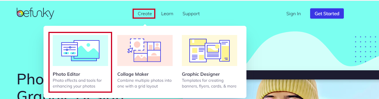 The Create tab with the Photo Editor option highlighted.
