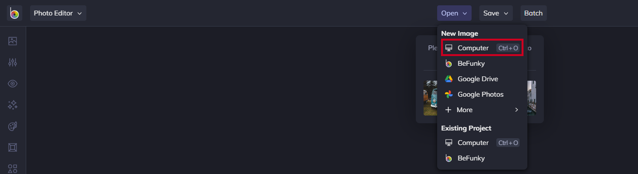 The Computer option within the Open dropdown menu.