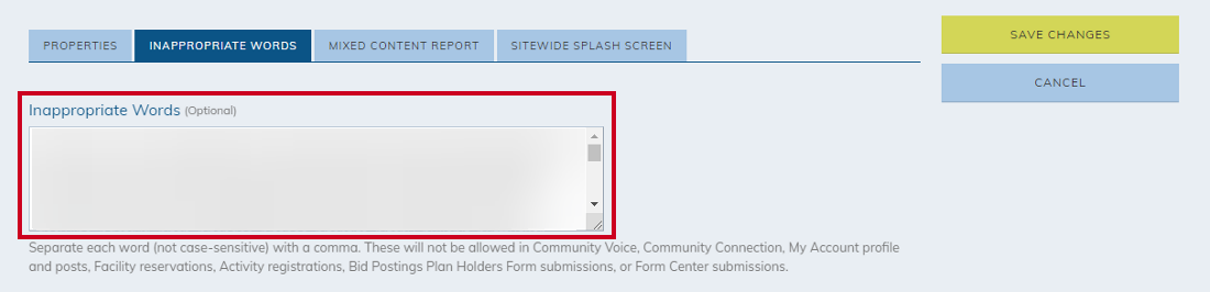 The Inappropriate Words text box that can be clicked into to add or remove terms that you wish to filter on your website.