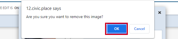 Are you sure you want to remove this image? pop-up message and OK button.