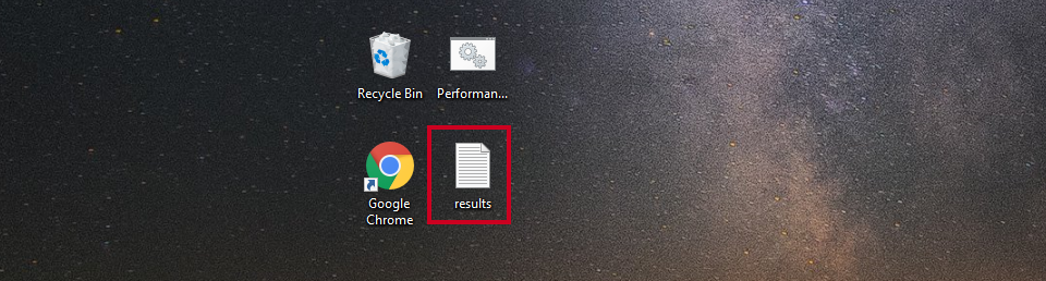 A results.txt shortcut on the desktop.