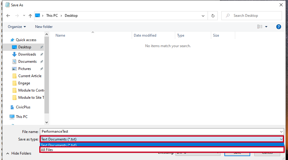 Save as type drop-down list with the All Files option highlighted.