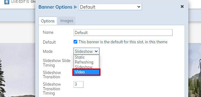 Mode dropdown menu, Video option.