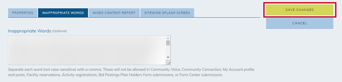 A green, rectangular Save Changes button that can be clicked to save any changes on the Site Properties page.