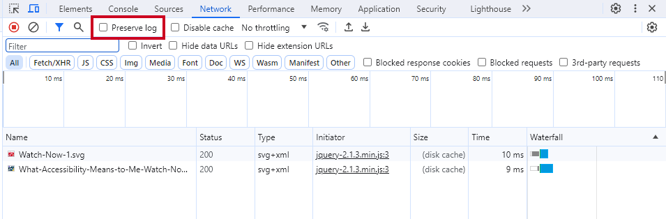 Preserve log checkbox.