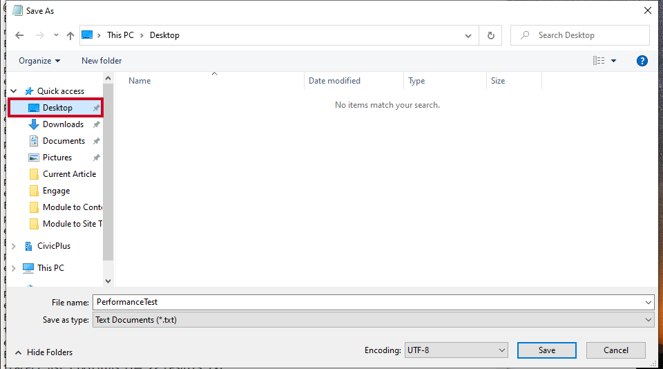A highlighted Desktop option within the File Explorer navigation pane.