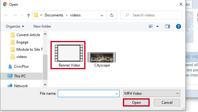 Windows File Explorer window with video file selected and the open button.