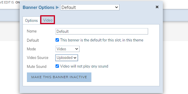 Banner Options pop-up window, Video tab.