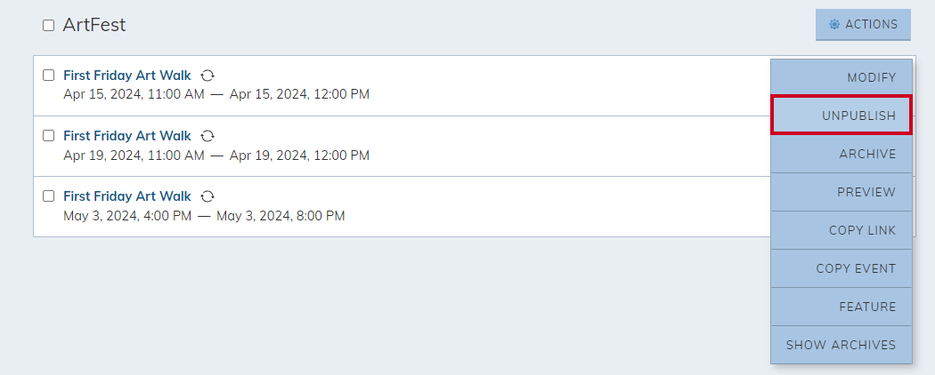 Actions menu with unpublish selected.