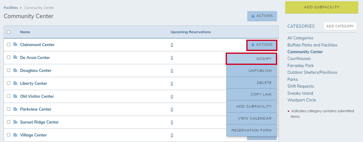 actions menu modify 