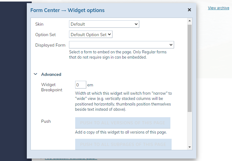 widget options window
