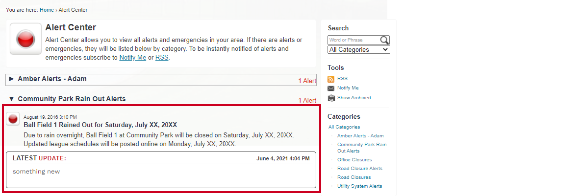 An example image displaying the Alert Center.