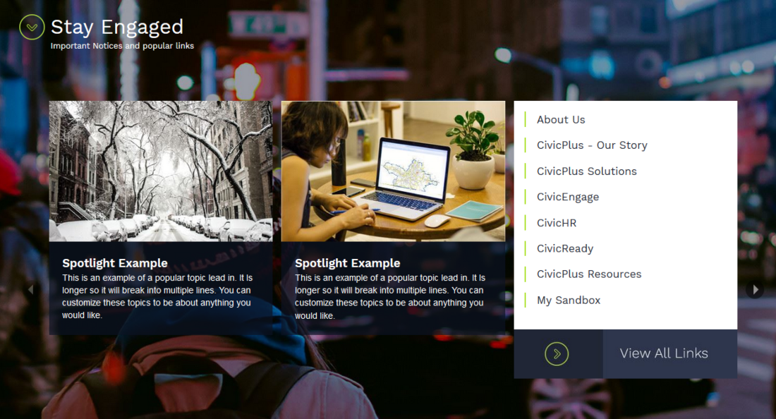 carousel widget example; two spotlight examples and quick links option.