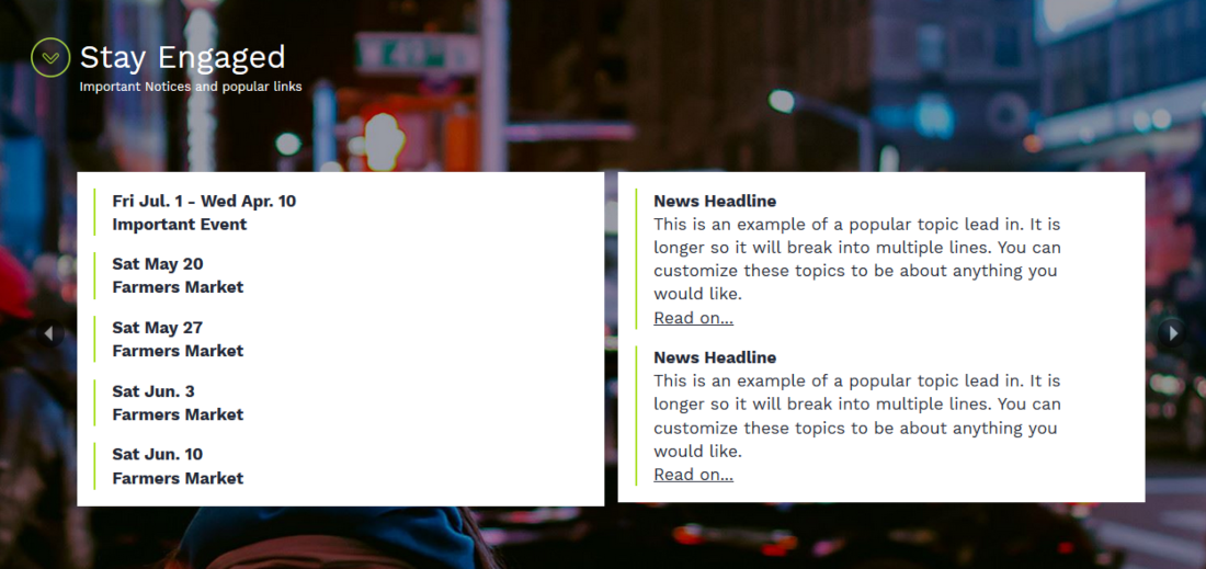 carousel widget example; calendar widget and newsflash widget.