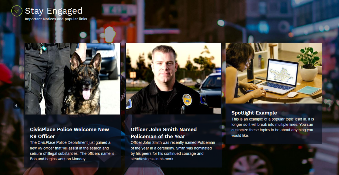 carousel widget example; three spotlight examples.
