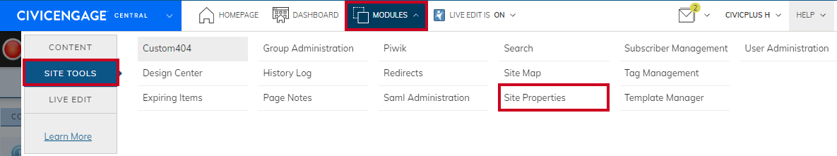 The Modules drop-down menu with Site Tools and Site Properties options highlighted.