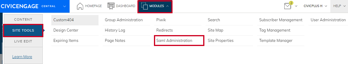 Modules drop-down menu with the Site Tools and SAML Administration options highlighted.