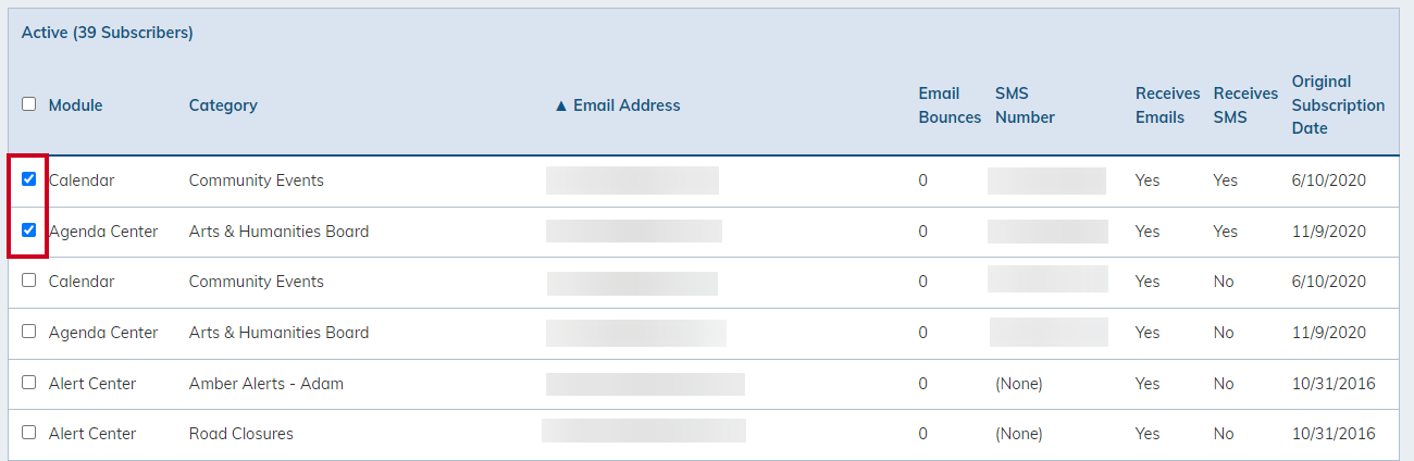 A list of subscribers with two checkboxes enabled.