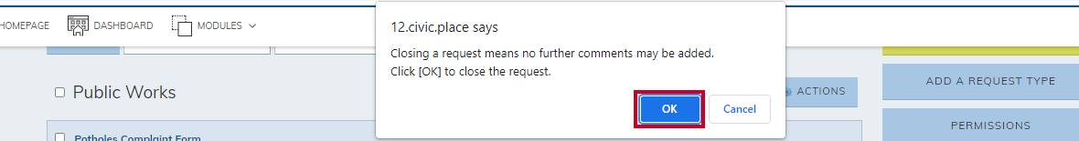 confirmation pop-up, okay button