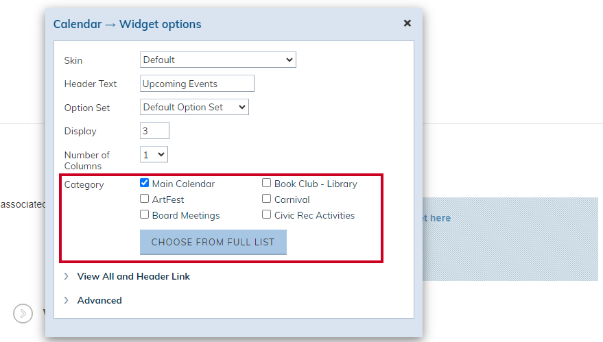 Category checkboxes on widget options.