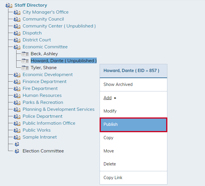 publish option in menu.