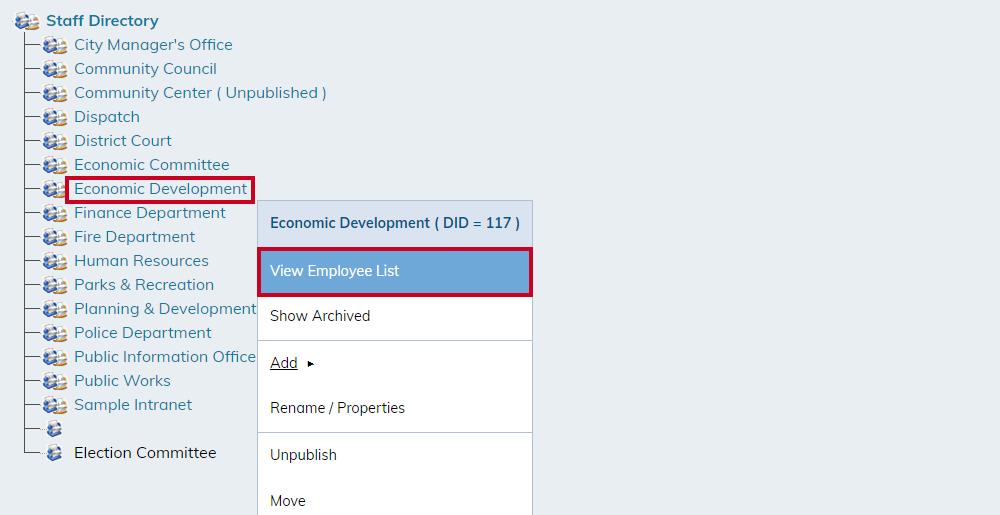 view employee list option.