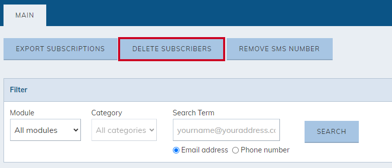 The module's Delete Subscribers button.