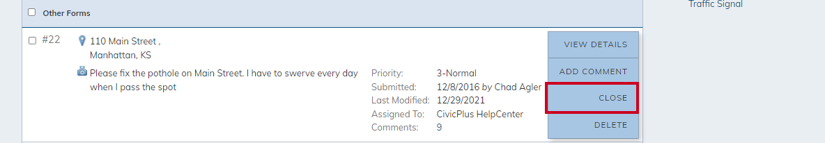 actions menu, close