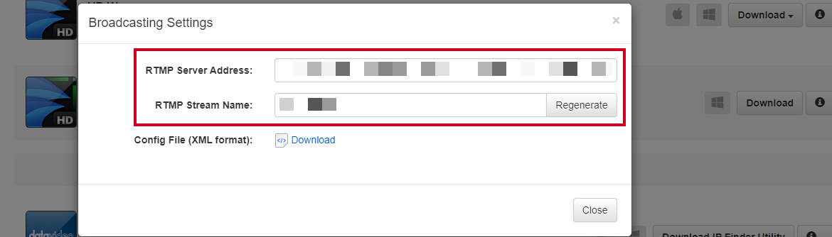 RTMP Server address and stream name