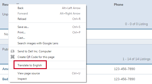 Google Chrome context menu with the Translate to English option highlighted.