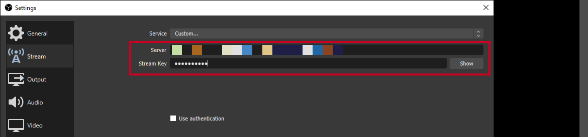 server and stream key fields